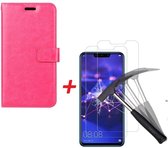 Huawei Y7 2019 Portemonnee hoesje roze met Tempered Glas Screen protector