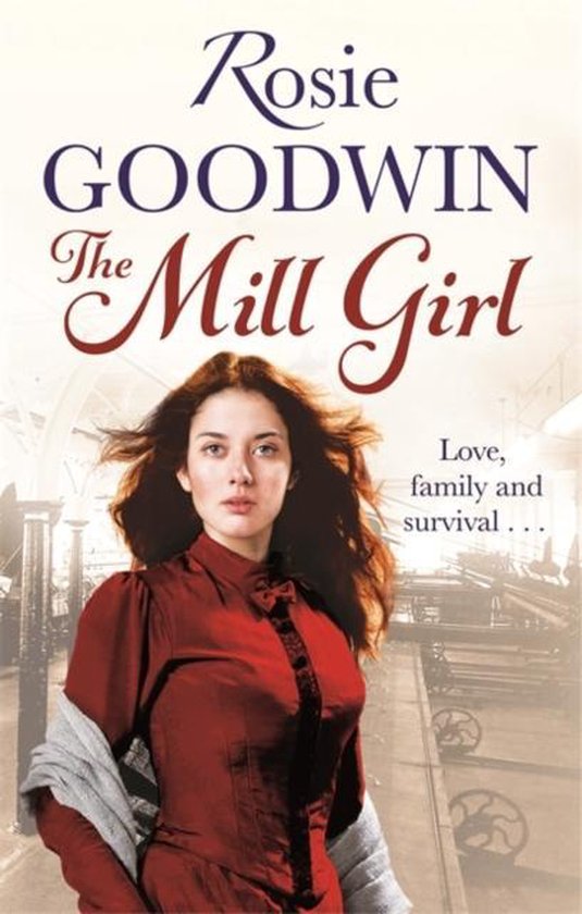 Boekomslag met een vrouw in een rode jurk en grijze sjaal. Titel: Rosie Goodwin The Mill Girl.