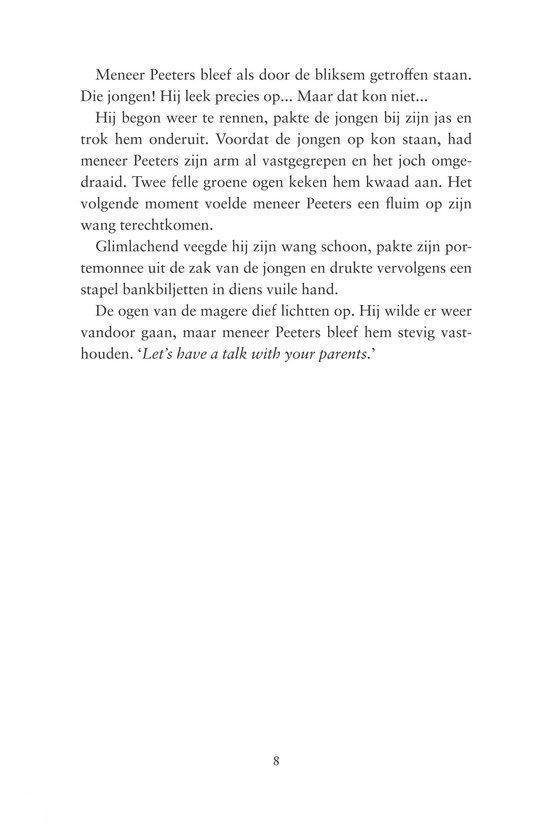 Pagina met tekst over meneer Peeters en een jongen, met een nummer 8 onderaan.