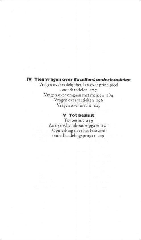Boekpagina met tekst over onderhandelen. Titel 'IV Tien vragen over Excellent onderhandelen' bovenaan.