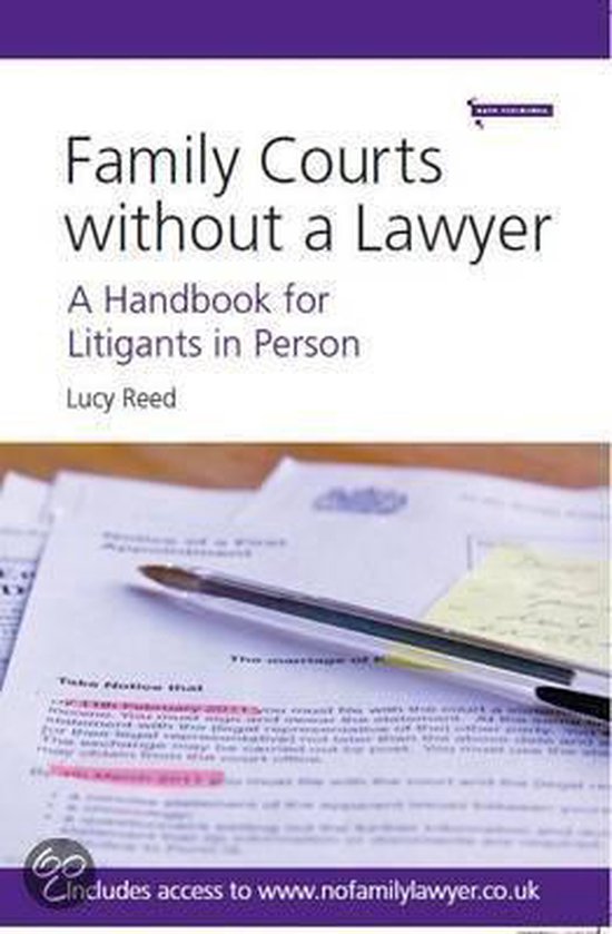 Boekomslag met de titel 'Family Courts without a Lawyer' en een pen op juridische documenten.
