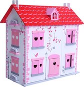 Playwood - Poppenhuis wit/roze inclusief meubels; Openklapbare voorkant
