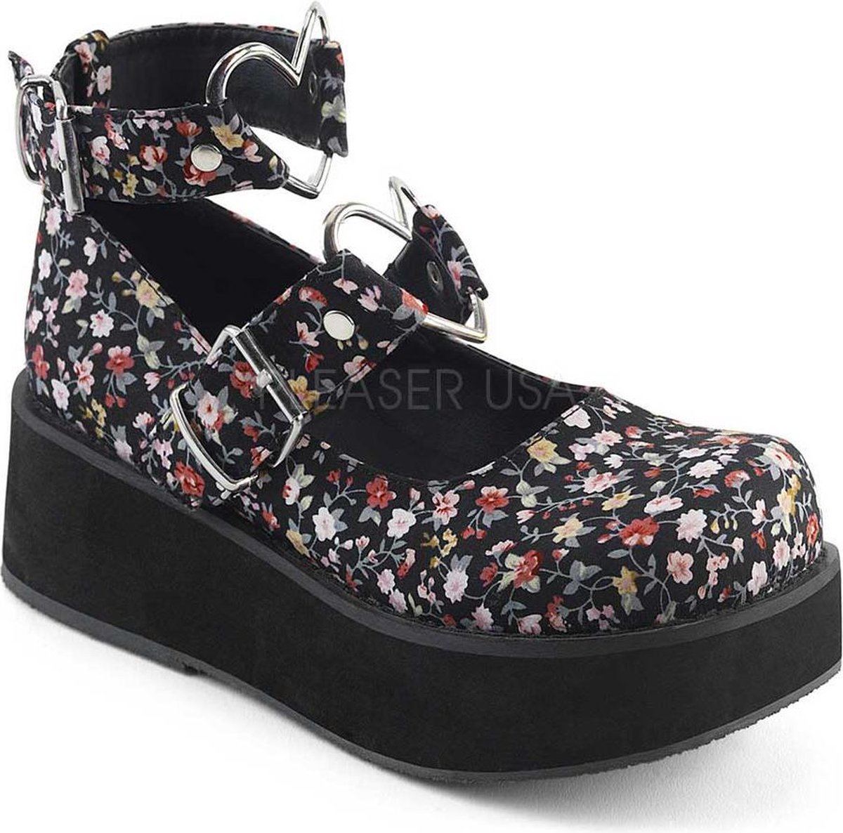 Sprite-02 plateau Mary Jane schoen met bloemen print en enkelbandjes zwart - (EU 40 = US 10) - Demonia
