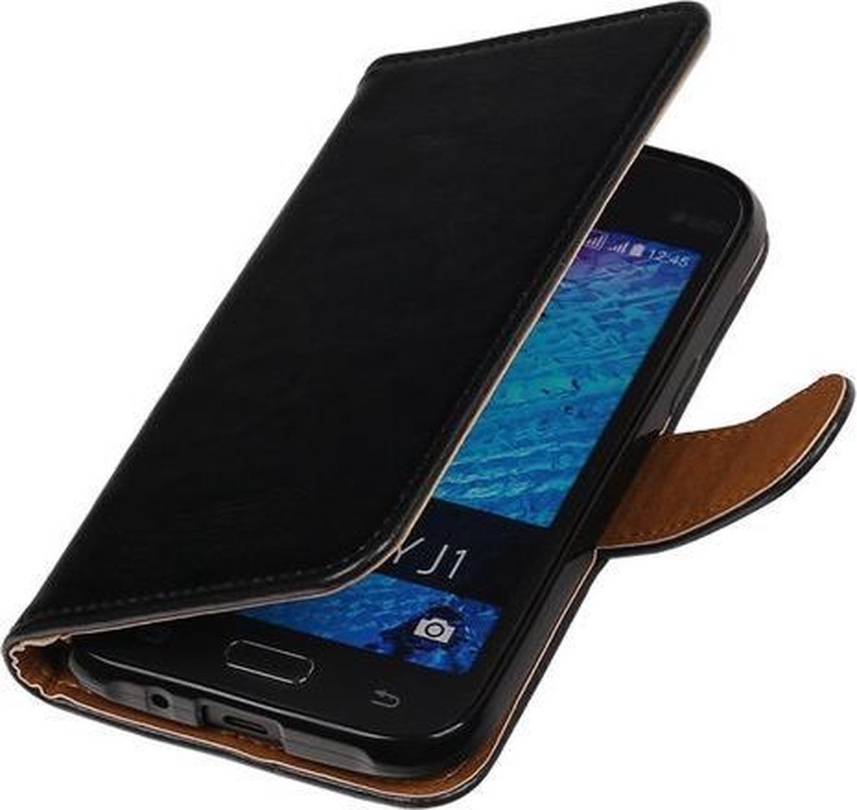 Zwart Pull-Up PU Hoesje Samsung Galaxy J1 Booktype Wallet Cover