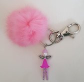 Tas/ sleutelhanger roze engel en pluizenbol