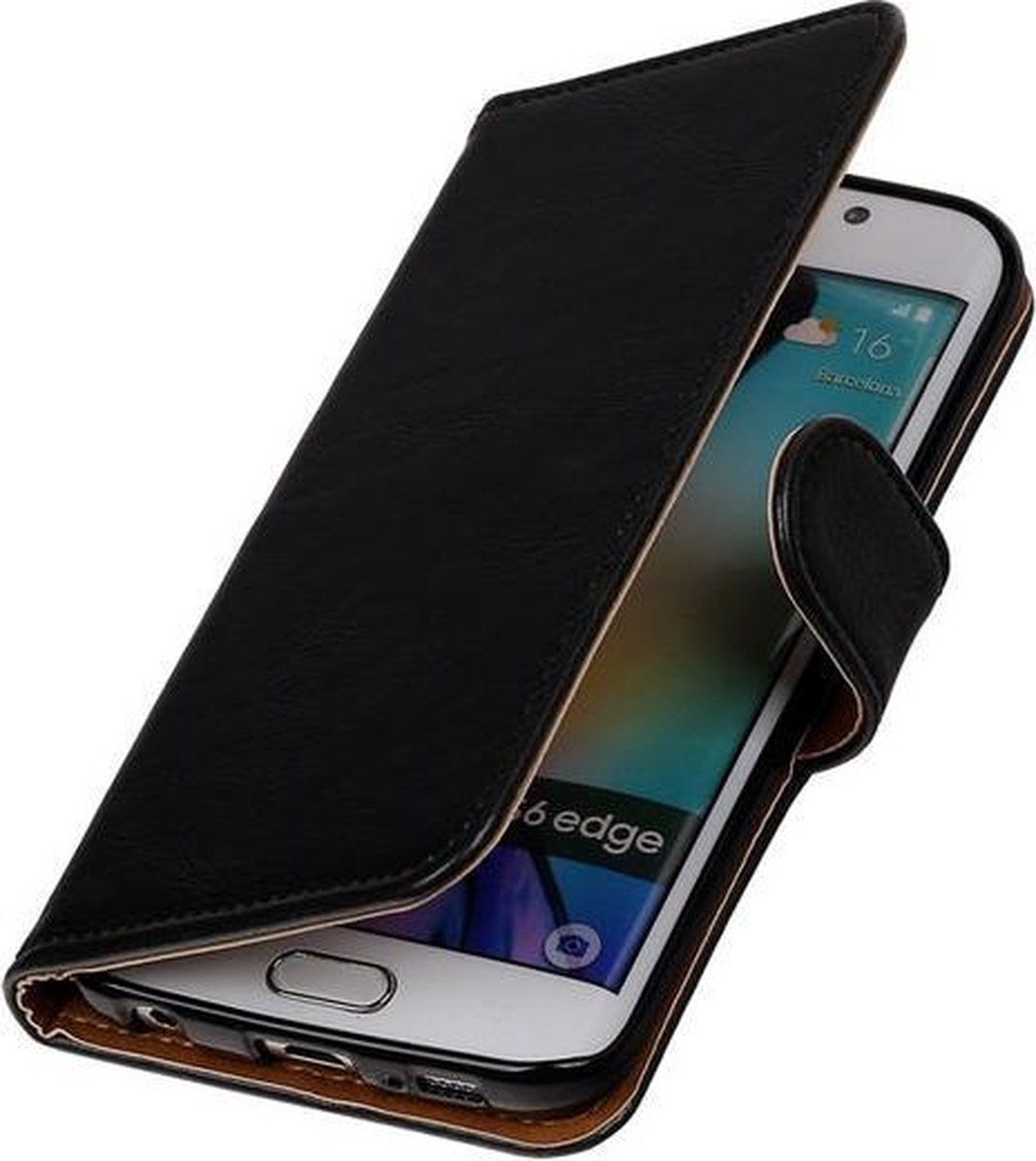 Zwart Pull-Up PU Hoesje Samsung Galaxy S6 Edge Booktype Wallet Cover