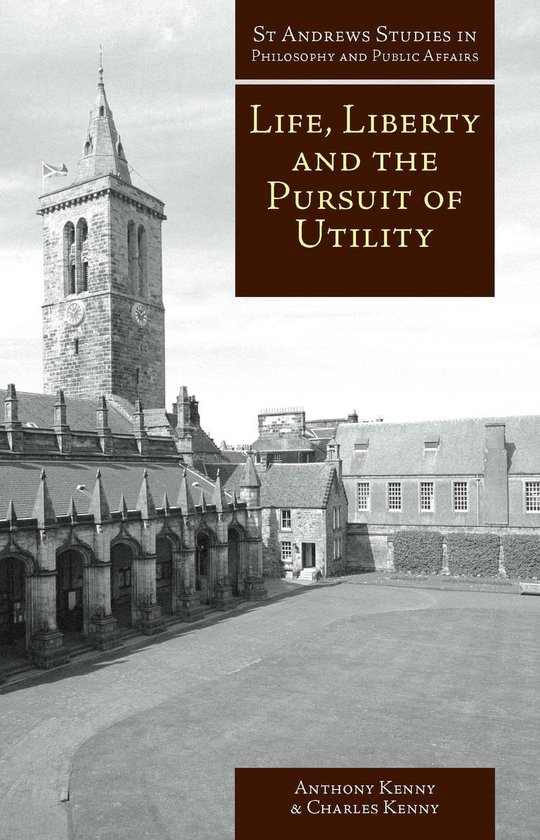 Boek "Life, Liberty and the Pursuit of Utility" met een foto van een universiteitsgebouw met een klokkentoren.