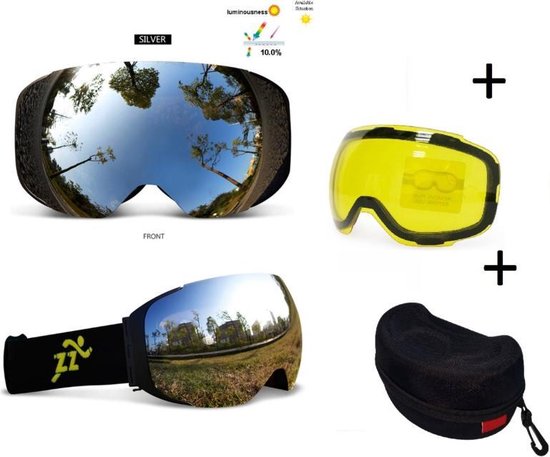 Skibril - EXTRA magnetische lens silver black frame Zwart AX  type 2 Cat. 0 tot 4 - ☀/☁