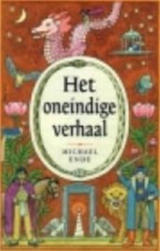 Boekcover met de titel 'Het oneindige verhaal' van Michael Ende, met illustraties van een draak, leeuw en mensen.
