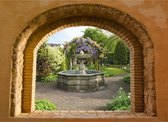 Tuinposter doorkijkje - 130x95 cm - Toscaans raam fontein -tuin decoratie - tuinposters buiten - tuinschilderij