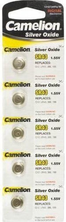 Camelion SR43, SR43SW, 386, 386/301, 186, AG12 LR43 Zilveroxide knoopcellen batterijen - 5 stuks