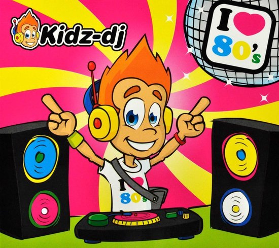 Kidz-DJ met koptelefoon en dj-tafel tussen twee speakers. Vrolijk geel, roze en oranje ontwerp. Logo 'I Love 80's' bovenaan rechts.