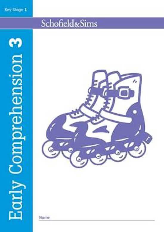 Patins à roulettes roses et blancs avec lacets et boucles, sur la couverture de 'Early Comprehension 3'.