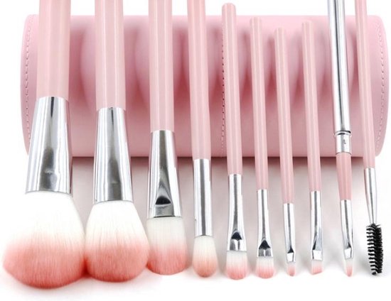 Professionele Make-up Kwastenset - 10 delig – in Lederen Koker – Roze - Evvie