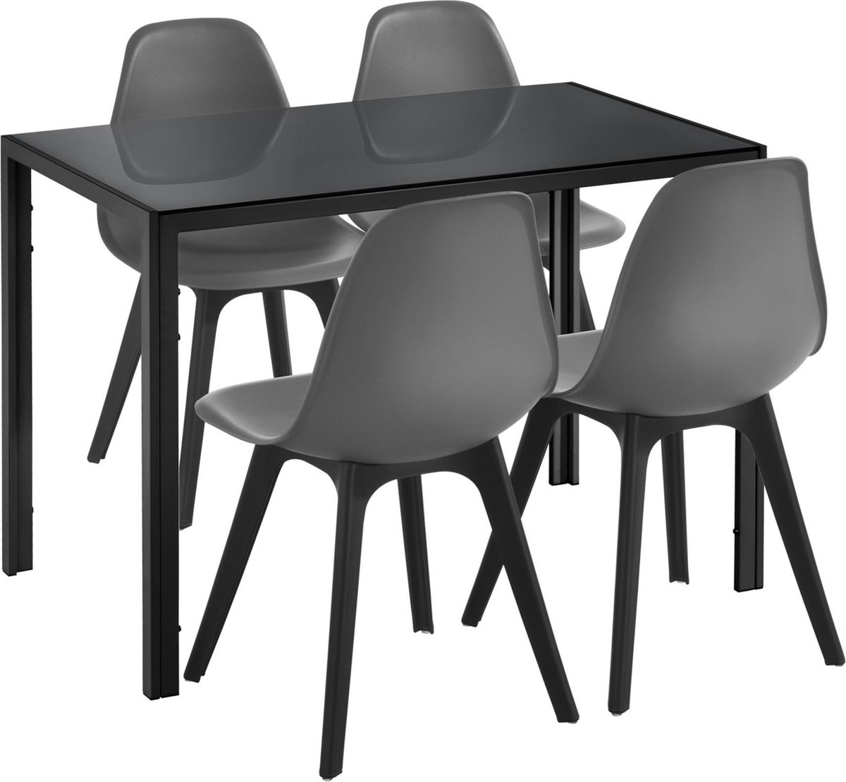 en.casa Eethoek Delft glazen eettafel met 4 stoelen zwart en grijs