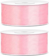 2x Hobby/decoratie roze satijnen sierlinten 2,5 cm/25 mm x 25 meter - Cadeaulinten satijnlinten/ribbons - Roze linten - Hobbymateriaal benodigdheden - Verpakkingsmaterialen