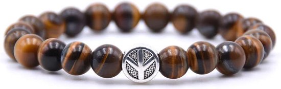 Mala armband van natuursteen - Tijgeroog steen – Peace Symbool – 19 cm - Rhylane®