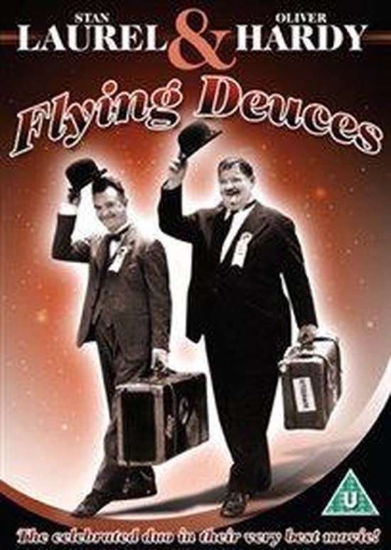 Stan Laurel en Oliver Hardy, "Flying Deuces"-dvd-hoes met Stan Laurel en Oliver Hardy die reizen met koffers en hoeden.