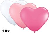 Hartjes ballonnen mix wit, roze en donkerroze, 10 stuks, 25 cm