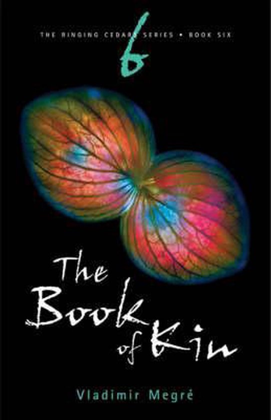 De omslag van 'The Book of Kin' (De Ringing Cedar Series, Boek Zes) met een abstract, vleugelachtig symbool met levendige kleuren en de titel in witte letters.