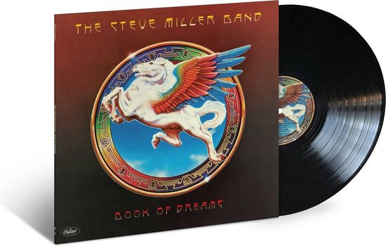 LP vinylplaat met albumhoes van 'The Steve Miller Band - Book of Dreams' waarop een gevleugeld paard. De plaat is zwart.
