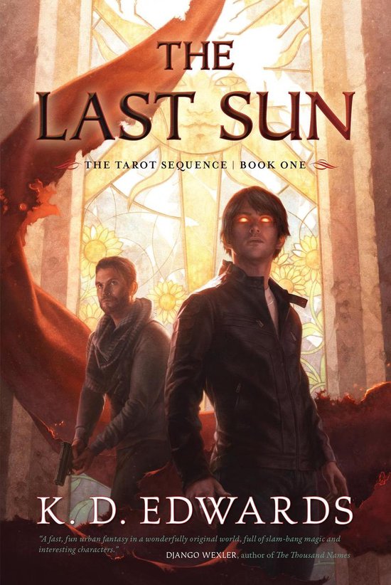 Boekomslag van "The Last Sun" met twee mannen; één met gloeiende ogen, de ander met een pistool.