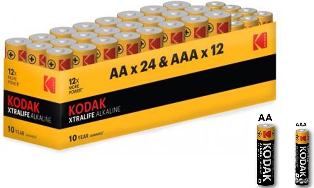 Kodak Xtralife alkaline AA AAA 1.5V Powerbox - 36 Stuks (24x AA + 12x AAA)