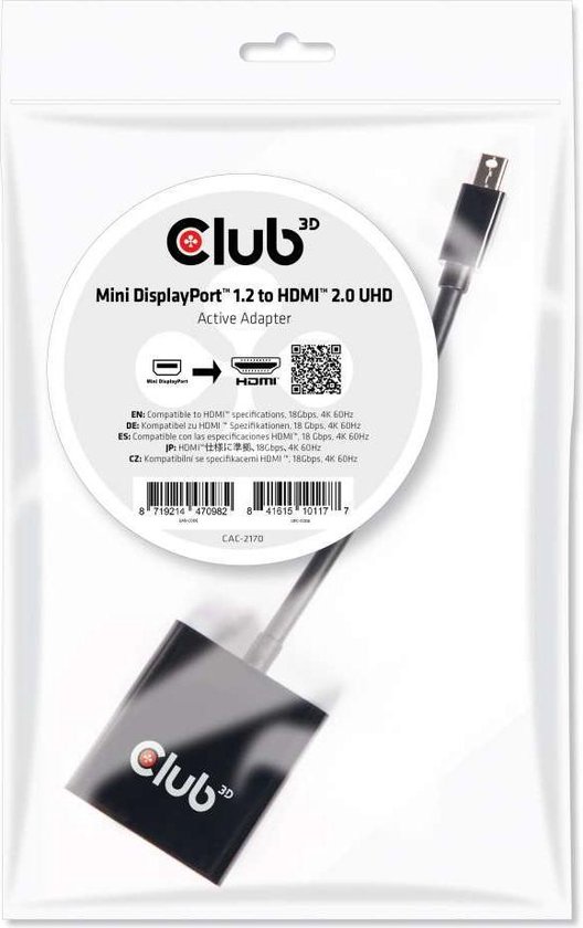 CLUB3D Mini DisplayPort 1.2 to HDMI 2.0 UHD Active Adapter