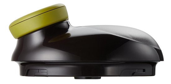 Een gedetailleerde zijaanzicht van een donkerbruine Tefal hakmolen deksel met een gele handgreep.