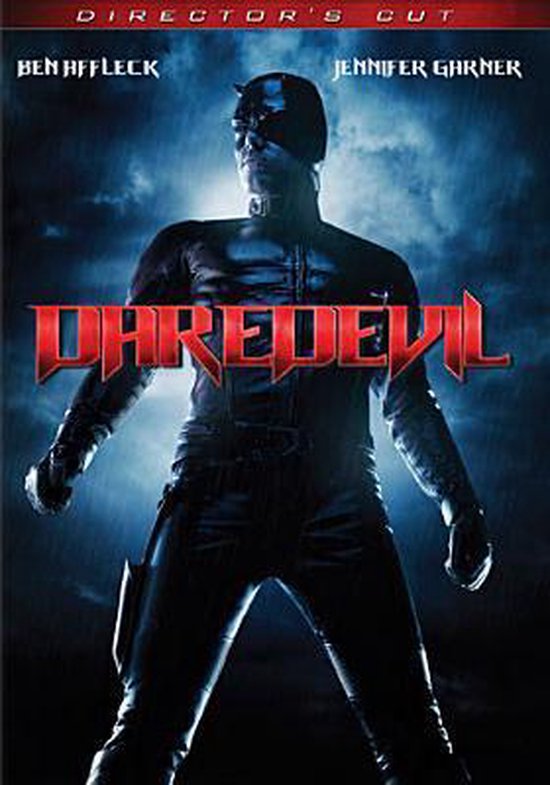 Daredevil, Ben Affleck in een zwart superheldenpak met masker.