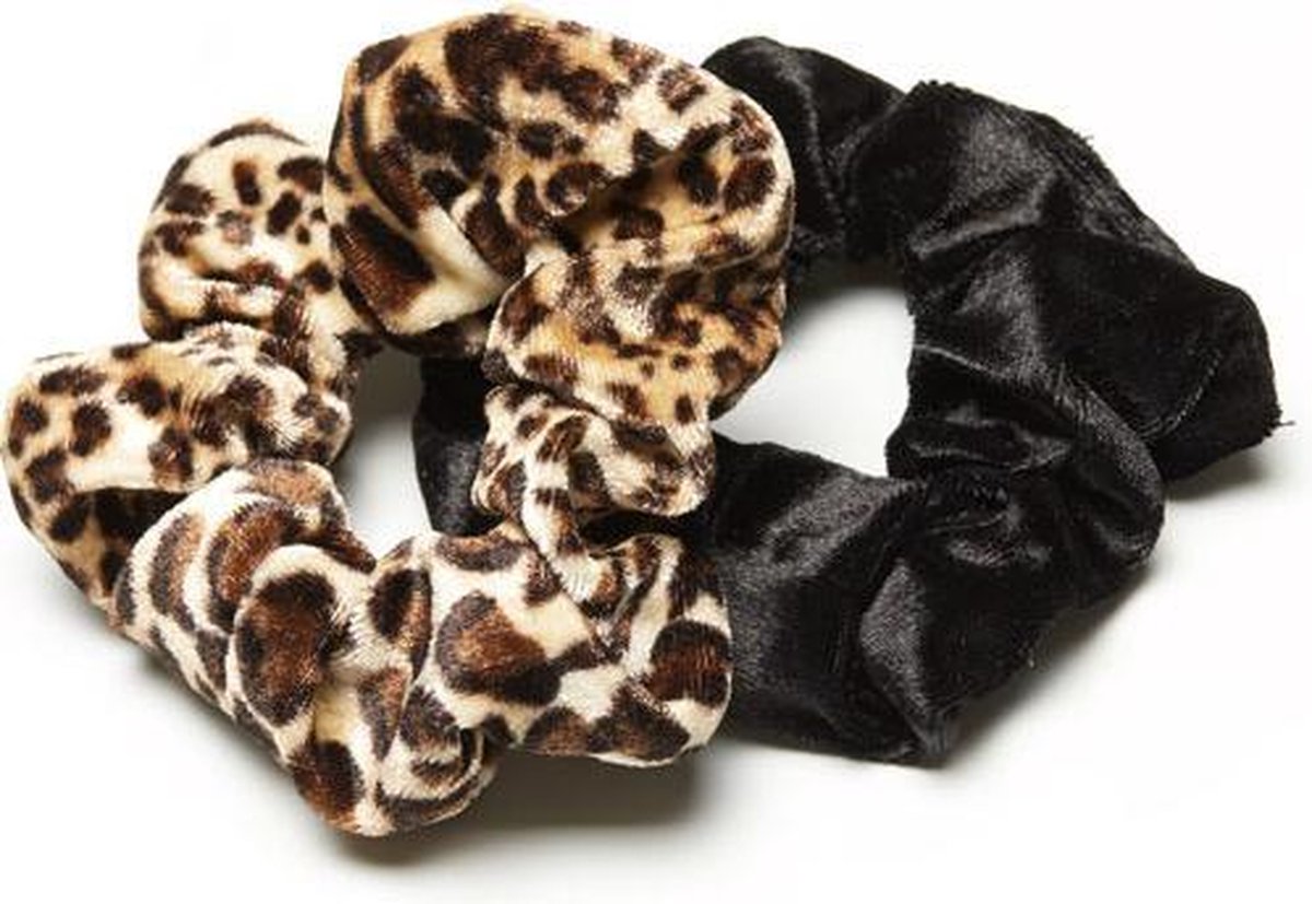 thesportfashion scrunchie set luipaard en zwart velvet (2 scrunchies)