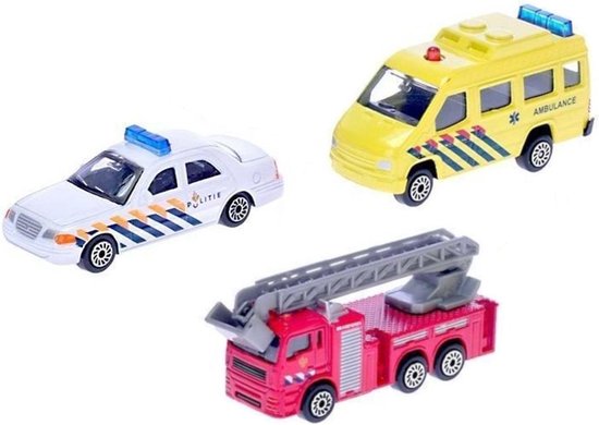 Gepakte politieauto, ambulance en brandweerwagen speelgoedvoertuigen.