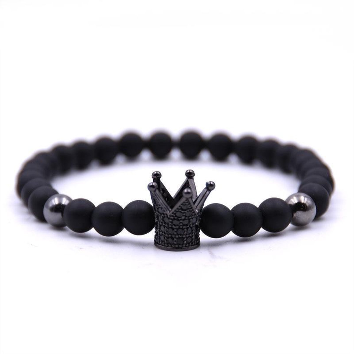 Kralen Armband met Zwart Kroontje - Zwart - Kroon - Armbanden Heren Dames - Papa Cadeau Voor Mannen - Vaderdag
