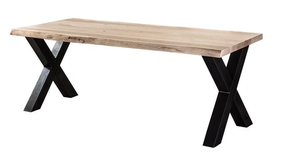 Table tronc d'arbre chêne - épaisseur 4,5 cm - bois de chêne - base fer x - 200x100x78h