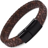Gevlochten Heren Armband – 100% Echt Leder & Edelstaal – Magneetsluiting – 18.5  cm – Bruin & Zwart  - Rhylane®