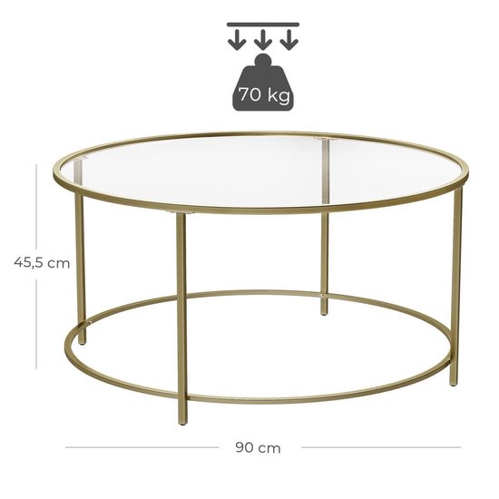 Ronde salontafel met glazen blad en een goudkleurig metalen frame van 90 cm breed en 45,5 cm hoog. Maximale belasting is 70 kg.