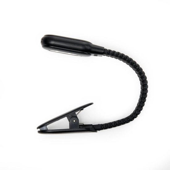 Lampe de lecture flexible noire avec pince, chargée par USB.