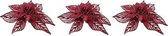 3x Kerstboomversiering op clip rode bloem 18 cm - kerstboom decoratie - rode kerstversieringen