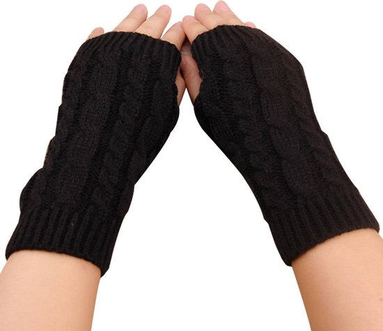 Gebreid Dames Vingerloze Handschoenen Polswarmers Zwart Maat One size