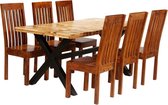 Complete Eettafel set 7 delig Massief Acacia en Mango hout (Incl Houten Dienblad) - Eet tafel + 6 Eetstoelen - DIneertafel - Eettafelstoelen - Eetkamerstoelen - Eethoek 6 persoons