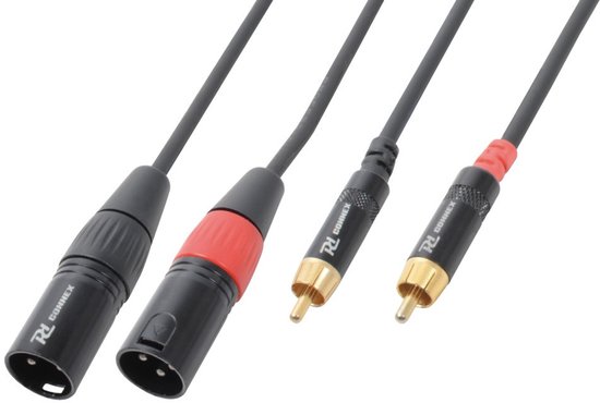 PD Connex kabel met aan de ene kant twee XLR male connectoren en aan de andere kant twee RCA connectoren. De kabels zijn zwart met gouden aansluitingen.