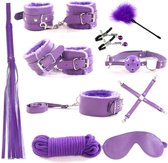 BDSM Bondage Set 10 Delig, Zweepje Flogger, Knevel Bal, Masker, Tepelklemmen, Halsband Met Riem, Handboeien, Enkelboeien, Hogtie, Kietelaar, Touw