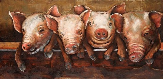 3D art Metaalschilderij - wanddecoratie handgeschilderd - Varkens - 120 x 60 - bruin