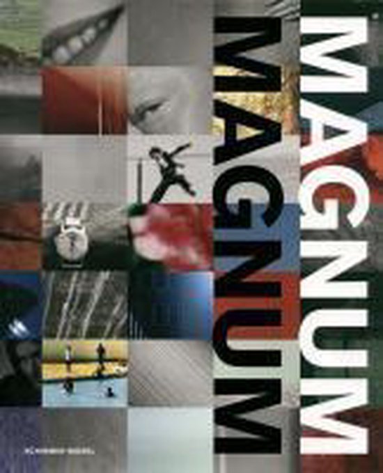 Boekomslag met tekst "MAGNUM MAGNUM" in grote letters, opgebouwd uit een collage van zwart-wit en kleurfoto's.