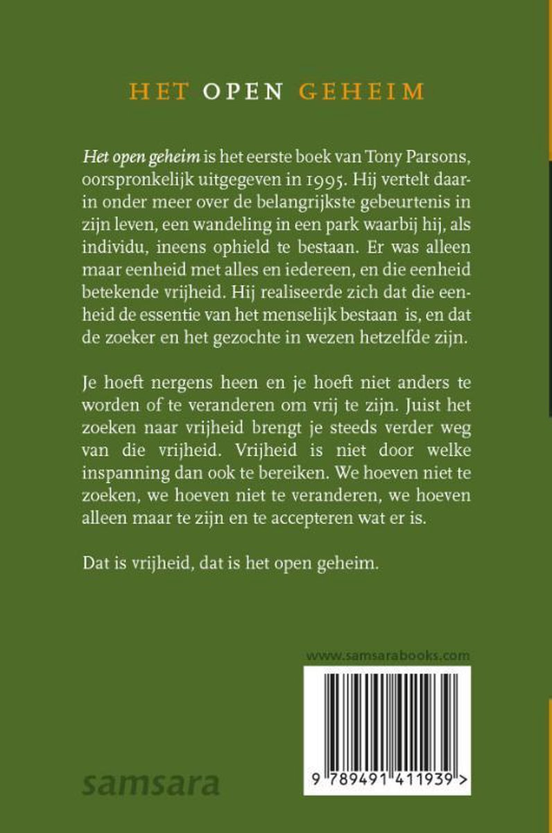 De achterkant van het boek "Het open geheim". Met tekst van de auteur Tony Parsons en Samsara Books logo.