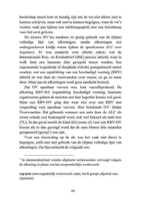 Pagina met tekst over de ANWB alarmcentrale en afkortingen. Links een voetnoot over de afkortingen.