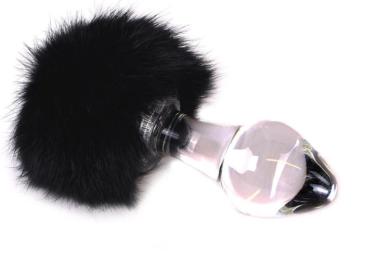Glazen buttplug met zwarte konijnenstaart