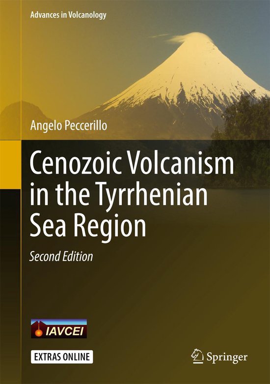 Boekomslag: Cenozoic Volcanism in the Tyrrhenian Sea Region, met een besneeuwde vulkaan op de achtergrond.