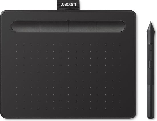 Zwarte Wacom tekentablet met stylus en vier programmeerbare knoppen.