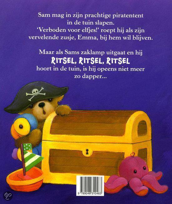 Een teddybeer, verkleed als piraat, staat bij een schatkist. Naast de schatkist een opblaasbaar octopus en een bootje met vlag.